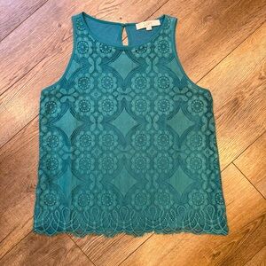 Ann Taylor LOFT teal sleeveless lace tank top with eyelet lace detailing.
